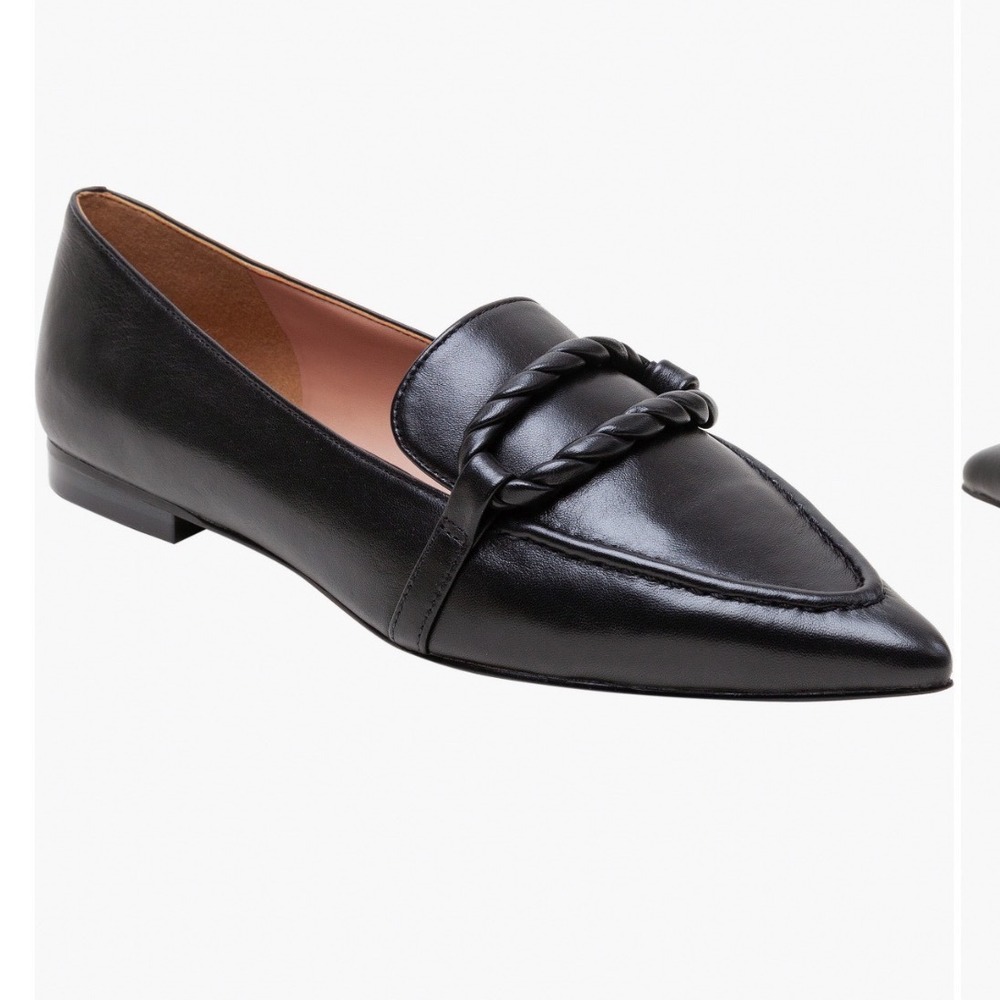 Linea Paolo Matissa Black Leather Pointed Toe Braided Loafers Flats
